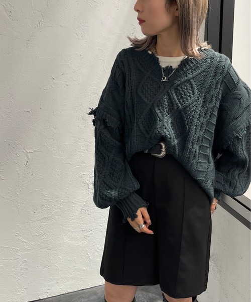 apres jour mignon(アプレジュールミニョン)の「ダメージケーブルニット【ZOZOTOWN限定アイテム】(ニット/セーター・レディース・ブラック/ダークグリーン/アイボリー/マスタード/オレンジ/ブルー・X-LARGE/フリー)」の10枚目の写真