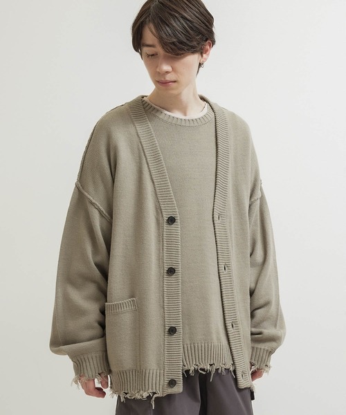JUNRED（ジュンレッド）の「【トレンドアイテム】ダメージルーズニットカーディガン（カーディガン/ボレロ・メンズ・チャコールグレー/ベージュ系その他/グリーン系その他・S/M/L）」の2枚目の写真