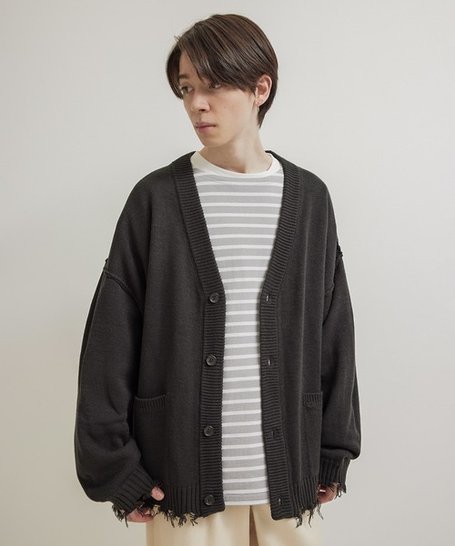 JUNRED（ジュンレッド）の「【トレンドアイテム】ダメージルーズニットカーディガン（カーディガン/ボレロ・メンズ・チャコールグレー/ベージュ系その他/グリーン系その他・S/M/L）」の5枚目の写真