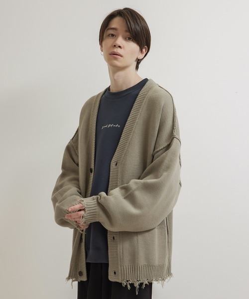 JUNRED（ジュンレッド）の「【トレンドアイテム】ダメージルーズニットカーディガン（カーディガン/ボレロ・メンズ・チャコールグレー/ベージュ系その他/グリーン系その他・S/M/L）」の6枚目の写真