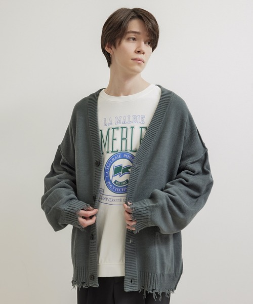 JUNRED（ジュンレッド）の「【トレンドアイテム】ダメージルーズニットカーディガン（カーディガン/ボレロ・メンズ・チャコールグレー/ベージュ系その他/グリーン系その他・S/M/L）」の9枚目の写真