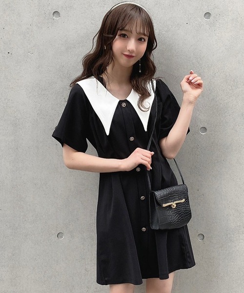 titty&Co. PETIT(ティティアンドコープティ)の「【titty&Co.PETIT】ウエストタックバイカラーワンピース(ワンピース・レディース・ブラック・FREE)」の1枚目の写真