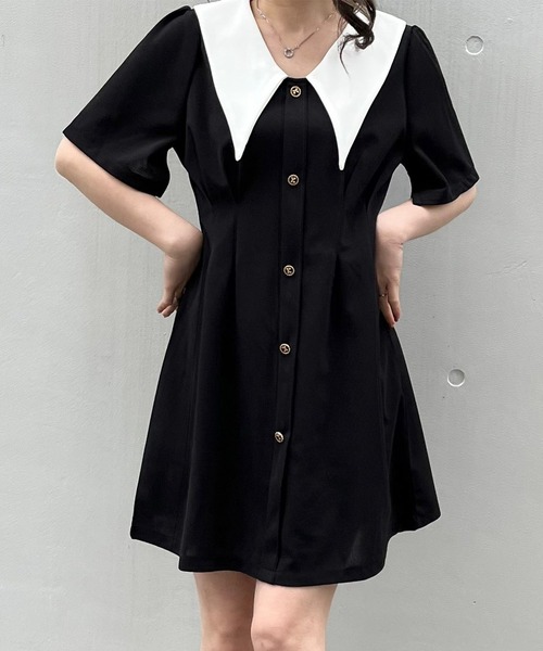 titty&Co. PETIT(ティティアンドコープティ)の「【titty&Co.PETIT】ウエストタックバイカラーワンピース(ワンピース・レディース・ブラック・FREE)」の2枚目の写真