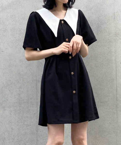 titty&Co. PETIT(ティティアンドコープティ)の「【titty&Co.PETIT】ウエストタックバイカラーワンピース(ワンピース・レディース・ブラック・FREE)」の7枚目の写真