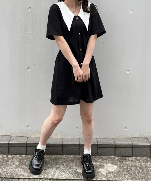 titty&Co. PETIT(ティティアンドコープティ)の「【titty&Co.PETIT】ウエストタックバイカラーワンピース(ワンピース・レディース・ブラック・FREE)」の8枚目の写真