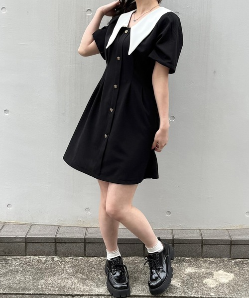 titty&Co. PETIT(ティティアンドコープティ)の「【titty&Co.PETIT】ウエストタックバイカラーワンピース(ワンピース・レディース・ブラック・FREE)」の9枚目の写真