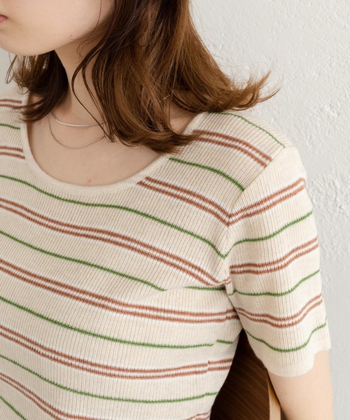 Kastane（カスタネ）の「マルチボーダーニットTee（Tシャツ/カットソー・レディース・グリーン/アイボリー/イエロー・FREE）」の5枚目の写真