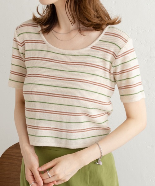 Kastane（カスタネ）の「マルチボーダーニットTee（Tシャツ/カットソー・レディース・グリーン/アイボリー/イエロー・FREE）」の4枚目の写真