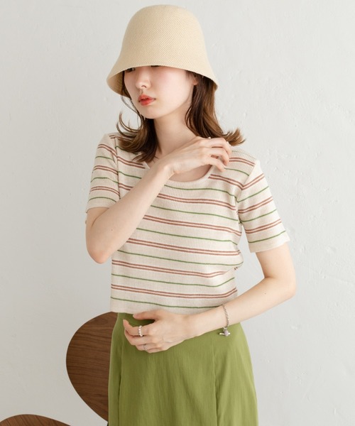 Kastane（カスタネ）の「マルチボーダーニットTee（Tシャツ/カットソー・レディース・グリーン/アイボリー/イエロー・FREE）」の6枚目の写真