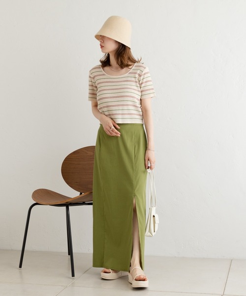 Kastane（カスタネ）の「マルチボーダーニットTee（Tシャツ/カットソー・レディース・グリーン/アイボリー/イエロー・FREE）」の9枚目の写真