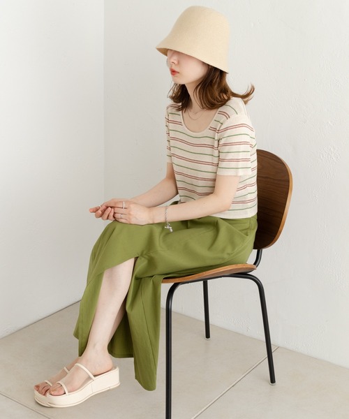 Kastane（カスタネ）の「マルチボーダーニットTee（Tシャツ/カットソー・レディース・グリーン/アイボリー/イエロー・FREE）」の8枚目の写真