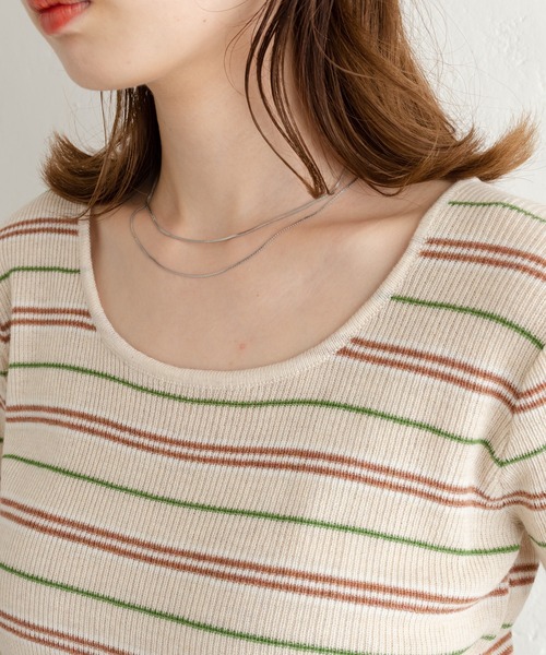 Kastane（カスタネ）の「マルチボーダーニットTee（Tシャツ/カットソー・レディース・グリーン/アイボリー/イエロー・FREE）」の14枚目の写真