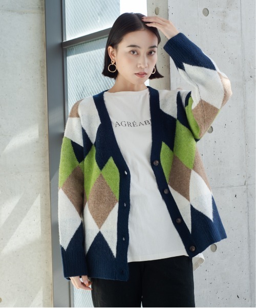 StyleSea（スタイルシー）の「アーガイルオーバーサイズカーディガン（カーディガン/ボレロ・レディース・ブラック系/グリーン系/ネイビー系・MEDIUM）」の12枚目の写真