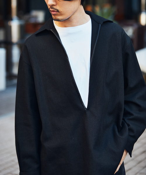 EDIFICE LA BOUCLE（エディフィスラブークル）の「【LA BOUCLE / ラブークル】レザーパイピング スキッパーシャツ（シャツ/ブラウス・メンズ・ブラック/アイボリー・2/1）」の7枚目の写真