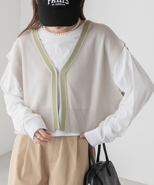 BONLECILL（ボンルシール）の「【アンサンブル】クロップドラインニットベスト／ロゴ刺繍ロングTシャツ（アンサンブル・レディース・オレンジ/アイボリー/チャコールグレー/ブルー・FREE）」の5枚目の写真