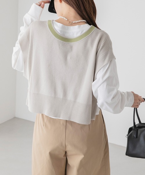 BONLECILL（ボンルシール）の「【アンサンブル】クロップドラインニットベスト／ロゴ刺繍ロングTシャツ（アンサンブル・レディース・オレンジ/アイボリー/チャコールグレー/ブルー・FREE）」の8枚目の写真