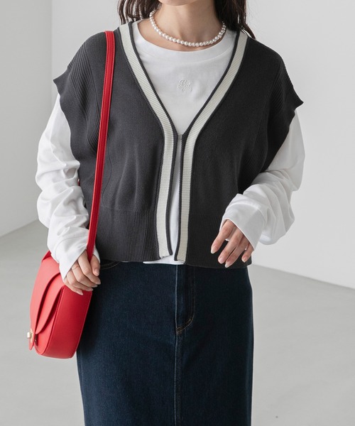 BONLECILL（ボンルシール）の「【アンサンブル】クロップドラインニットベスト／ロゴ刺繍ロングTシャツ（アンサンブル・レディース・オレンジ/アイボリー/チャコールグレー/ブルー・FREE）」の13枚目の写真