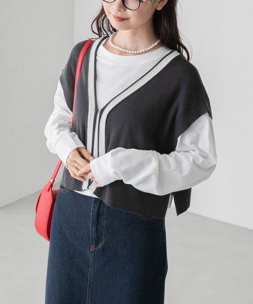 BONLECILL（ボンルシール）の「【アンサンブル】クロップドラインニットベスト／ロゴ刺繍ロングTシャツ（アンサンブル・レディース・オレンジ/アイボリー/チャコールグレー/ブルー・FREE）」の15枚目の写真