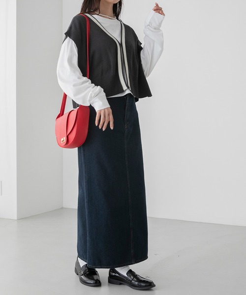 BONLECILL（ボンルシール）の「【アンサンブル】クロップドラインニットベスト／ロゴ刺繍ロングTシャツ（アンサンブル・レディース・オレンジ/アイボリー/チャコールグレー/ブルー・FREE）」の19枚目の写真