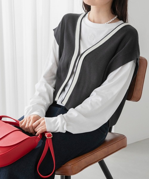 BONLECILL（ボンルシール）の「【アンサンブル】クロップドラインニットベスト／ロゴ刺繍ロングTシャツ（アンサンブル・レディース・オレンジ/アイボリー/チャコールグレー/ブルー・FREE）」の20枚目の写真