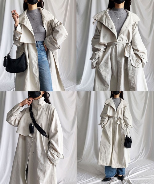 me+em select(ミームセレクト)の「※※【2WAY】オーバーサイズ スタンドカラーナイロンロングトレンチコート(トレンチコート・レディース・ベージュ/アイボリー/ブラック/ピンク・MEDIUM)」の5枚目の写真