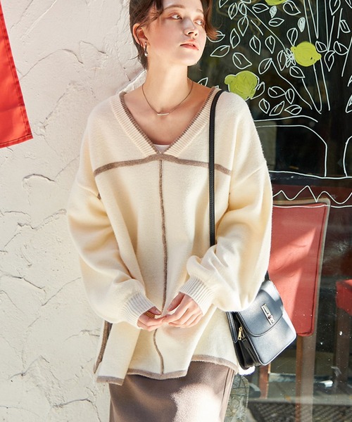 STYLEBLOCK(スタイルブロック)の「配色パイピング2WAYニットトップス(ニット/セーター・レディース・アイボリー/モカ/ブラック・FREE)」の2枚目の写真