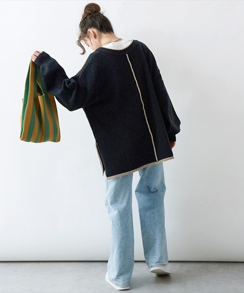 STYLEBLOCK(スタイルブロック)の「配色パイピング2WAYニットトップス(ニット/セーター・レディース・アイボリー/モカ/ブラック・FREE)」の10枚目の写真