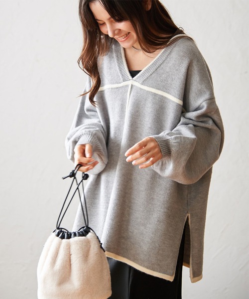 STYLEBLOCK(スタイルブロック)の「配色パイピング2WAYニットトップス(ニット/セーター・レディース・アイボリー/モカ/ブラック・FREE)」の8枚目の写真