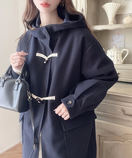 セール】ライトニットメルトンフードありロングダッフルコート