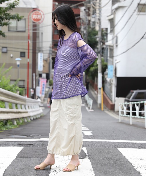 3.3 Field Trip (3.3フィールドトリップ)の「【再販】「3.3 Field Trip/メッシュTOP」 / メッシュニット / 透かし編み / ショルダースリット / 肩あき 2905141(Tシャツ/カットソー・レディース・カーキ/ブラック/アイボリー/パープル・FREE)」の11枚目の写真