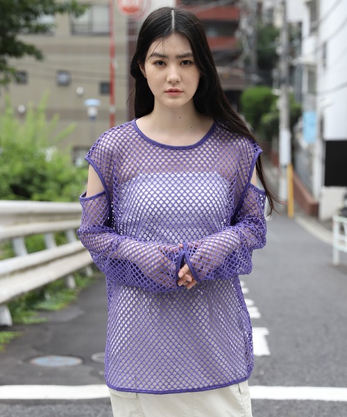 3.3 Field Trip (3.3フィールドトリップ)の「【再販】「3.3 Field Trip/メッシュTOP」 / メッシュニット / 透かし編み / ショルダースリット / 肩あき 2905141(Tシャツ/カットソー・レディース・カーキ/ブラック/アイボリー/パープル・FREE)」の8枚目の写真