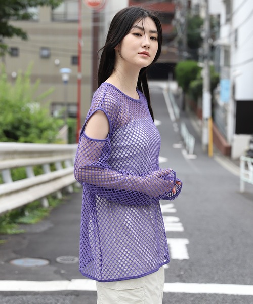 3.3 Field Trip (3.3フィールドトリップ)の「【再販】「3.3 Field Trip/メッシュTOP」 / メッシュニット / 透かし編み / ショルダースリット / 肩あき 2905141(Tシャツ/カットソー・レディース・カーキ/ブラック/アイボリー/パープル・FREE)」の6枚目の写真