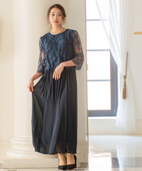 レース切替サイドプリーツワンピースドレス＜大きいサイズ有＞（ドレス