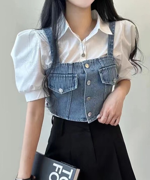 SpRay（スプレイ）の「【2点セット】デニムビスチェ×ボリューム袖半袖ブラウス（シャツ/ブラウス・レディース・ブラック/ブルー・FREE）」の2枚目の写真