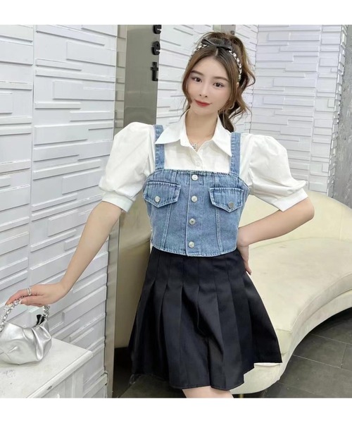 SpRay（スプレイ）の「【2点セット】デニムビスチェ×ボリューム袖半袖ブラウス（シャツ/ブラウス・レディース・ブラック/ブルー・FREE）」の11枚目の写真