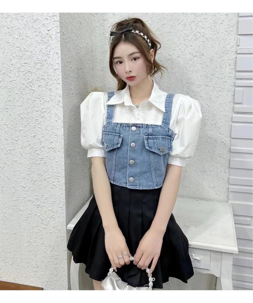 SpRay（スプレイ）の「【2点セット】デニムビスチェ×ボリューム袖半袖ブラウス（シャツ/ブラウス・レディース・ブラック/ブルー・FREE）」の13枚目の写真