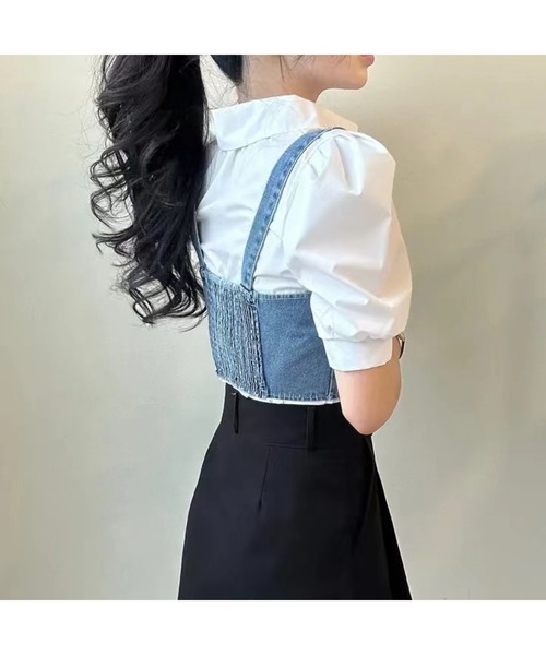 SpRay（スプレイ）の「【2点セット】デニムビスチェ×ボリューム袖半袖ブラウス（シャツ/ブラウス・レディース・ブラック/ブルー・FREE）」の18枚目の写真