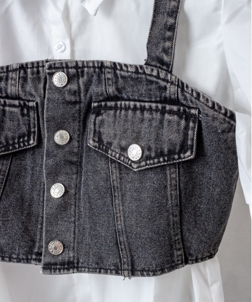 SpRay（スプレイ）の「【2点セット】デニムビスチェ×ボリューム袖半袖ブラウス（シャツ/ブラウス・レディース・ブラック/ブルー・FREE）」の4枚目の写真