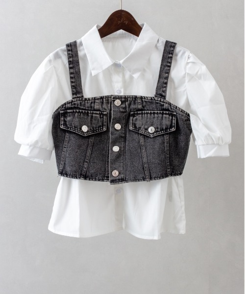 SpRay（スプレイ）の「【2点セット】デニムビスチェ×ボリューム袖半袖ブラウス（シャツ/ブラウス・レディース・ブラック/ブルー・FREE）」の21枚目の写真