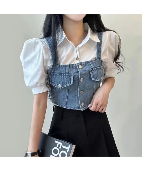 SpRay（スプレイ）の「【2点セット】デニムビスチェ×ボリューム袖半袖ブラウス（シャツ/ブラウス・レディース・ブラック/ブルー・FREE）」の20枚目の写真