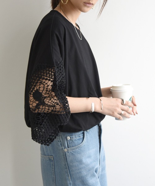 and it_(アンドイット)の「レーススリーブカットソー トップス(Tシャツ/カットソー・レディース・オフホワイト/スモークピンク/ブラック/グリーン・M/L)」の9枚目の写真