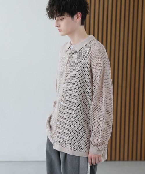 セール】クロシェメッシュ編みシアー長袖ニットシャツ（シャツ
