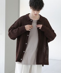 クロシェメッシュ編みシアー長袖ニットシャツ
