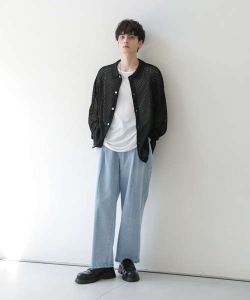 ASTRONOMY（アストロノミー）の「クロシェメッシュ編みシアー長袖ニットシャツ（シャツ/ブラウス・メンズ・ライトグレー/ブラウン/ベージュ系/ブルー/ブラック/チャコール・L/S/M）」の13枚目の写真