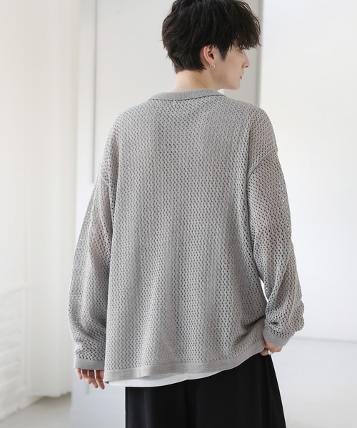 セール】クロシェメッシュ編みシアー長袖ニットシャツ（シャツ