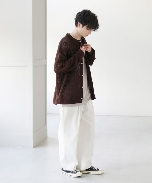 セール】クロシェメッシュ編みシアー長袖ニットシャツ（シャツ