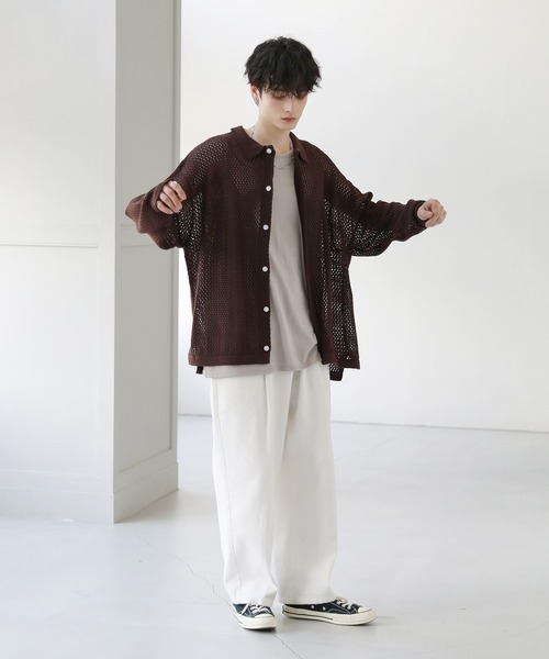 セール】クロシェメッシュ編みシアー長袖ニットシャツ（シャツ