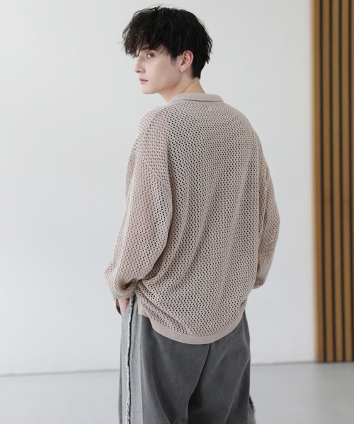 セール】クロシェメッシュ編みシアー長袖ニットシャツ（シャツ