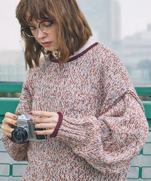 配色ロールネックミックスニットプルオーバー