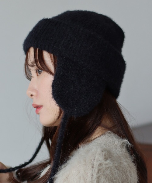 新品　auralee 耳当て付き メルトンキャップ　ニット キャップ ハット auralee 耳当て付き メルトン ニット キャップ 黒F 14+ ニット帽